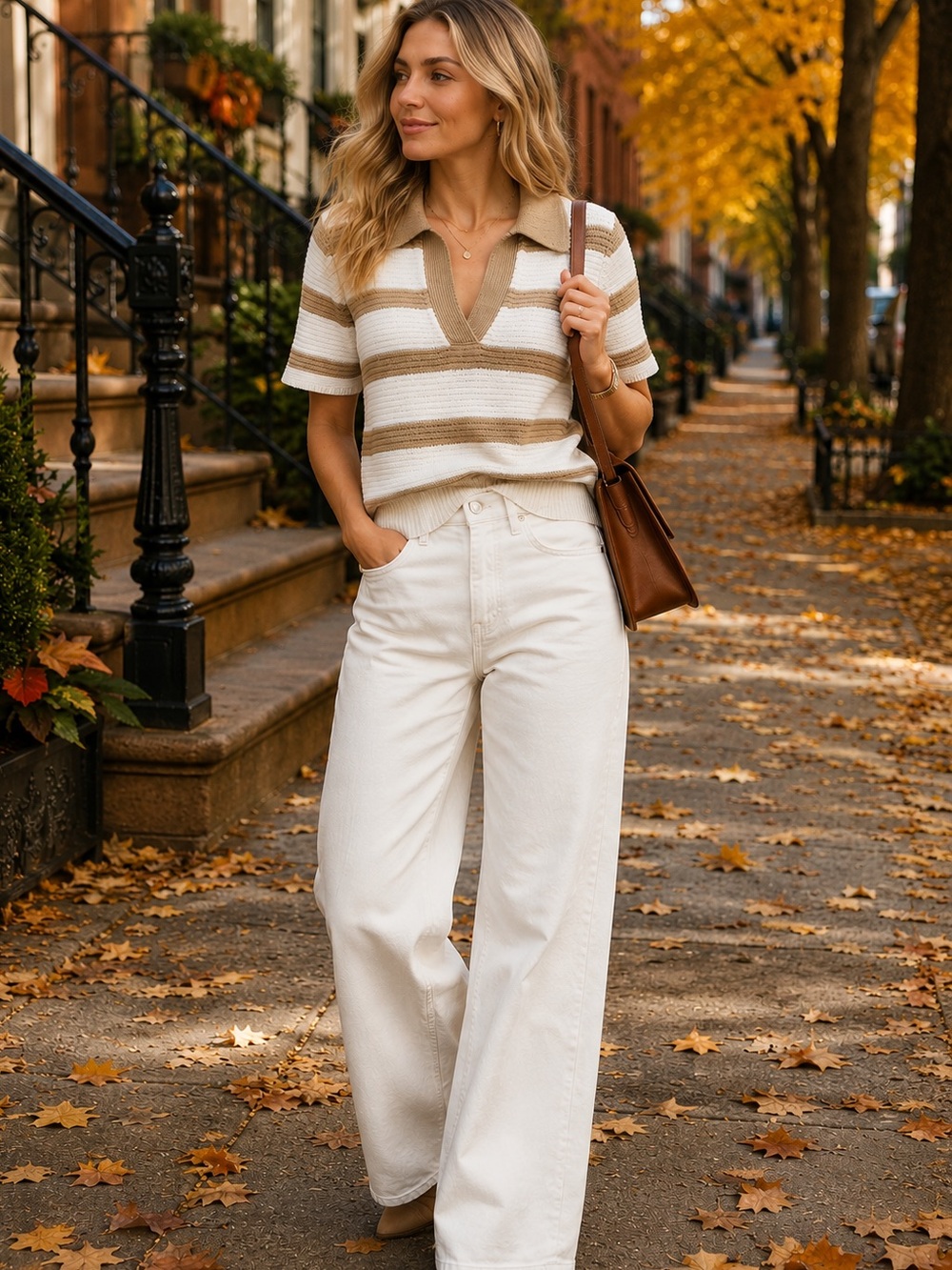 L'Academie Cream & Tan Striped Knit Polo Sweater XS